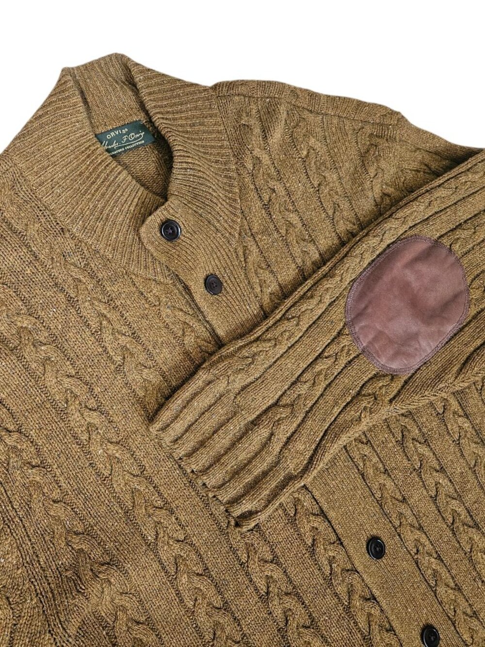 VTG Orvis Wool Cashmere Sweater Men's XXL Brown Cable Knit Leather Elbow Patch